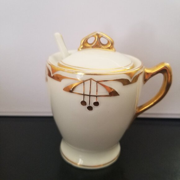 Antique C.S. Prussia Porcelain Jam Mustard Condiment Pot w/Spoon Lid Jar - Picture 3 of 12